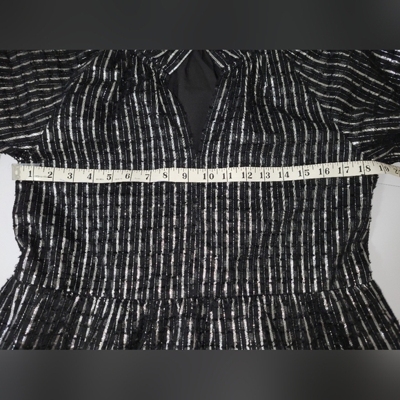 Duffield Lane Black Metallic Stripes Tiered Puff Sleeve Whimsygoth Holiday Dress - Picture 9 of 13